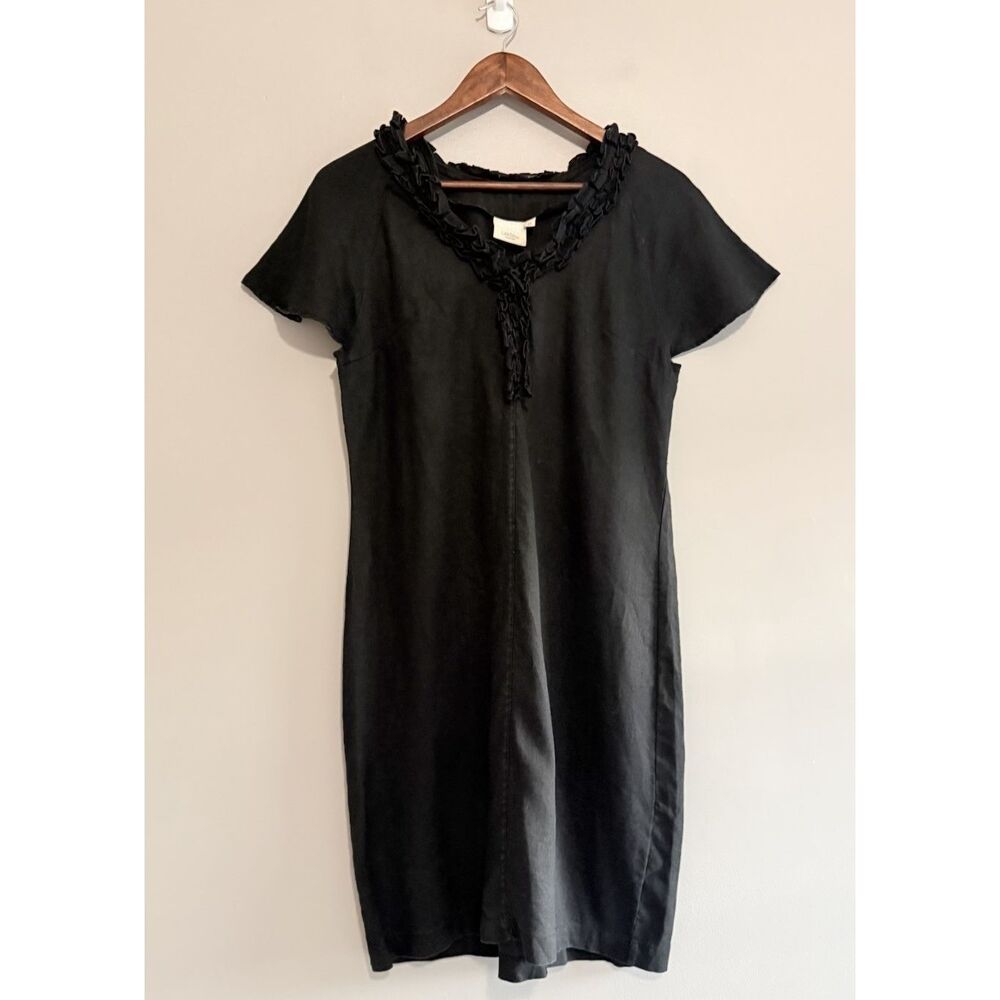 100% Linen Dress Ruffle Neck Classic Modest Shift Midi Knee Length Black Medium